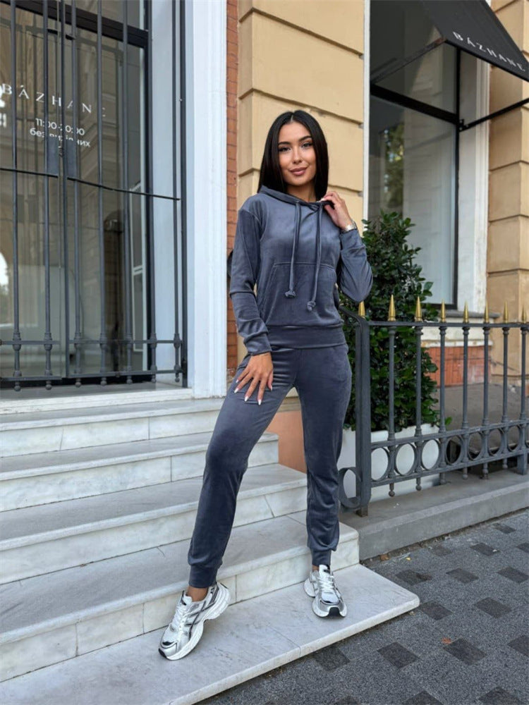 Damen lässiges Fleece-Jogginganzug-Set mit Kapuze und elastischem Bund R&B