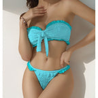 Damen Bandeau-Bikini mit modischen Rüschendetails und verstellbarem Knotendesign R&B