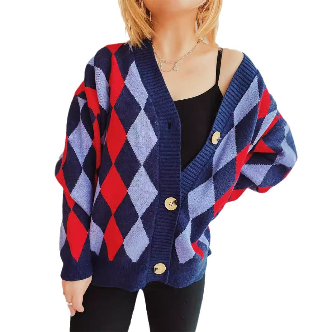 Damen lässige Strickjacke im Rauten-Muster mit goldenen Knöpfen R&B