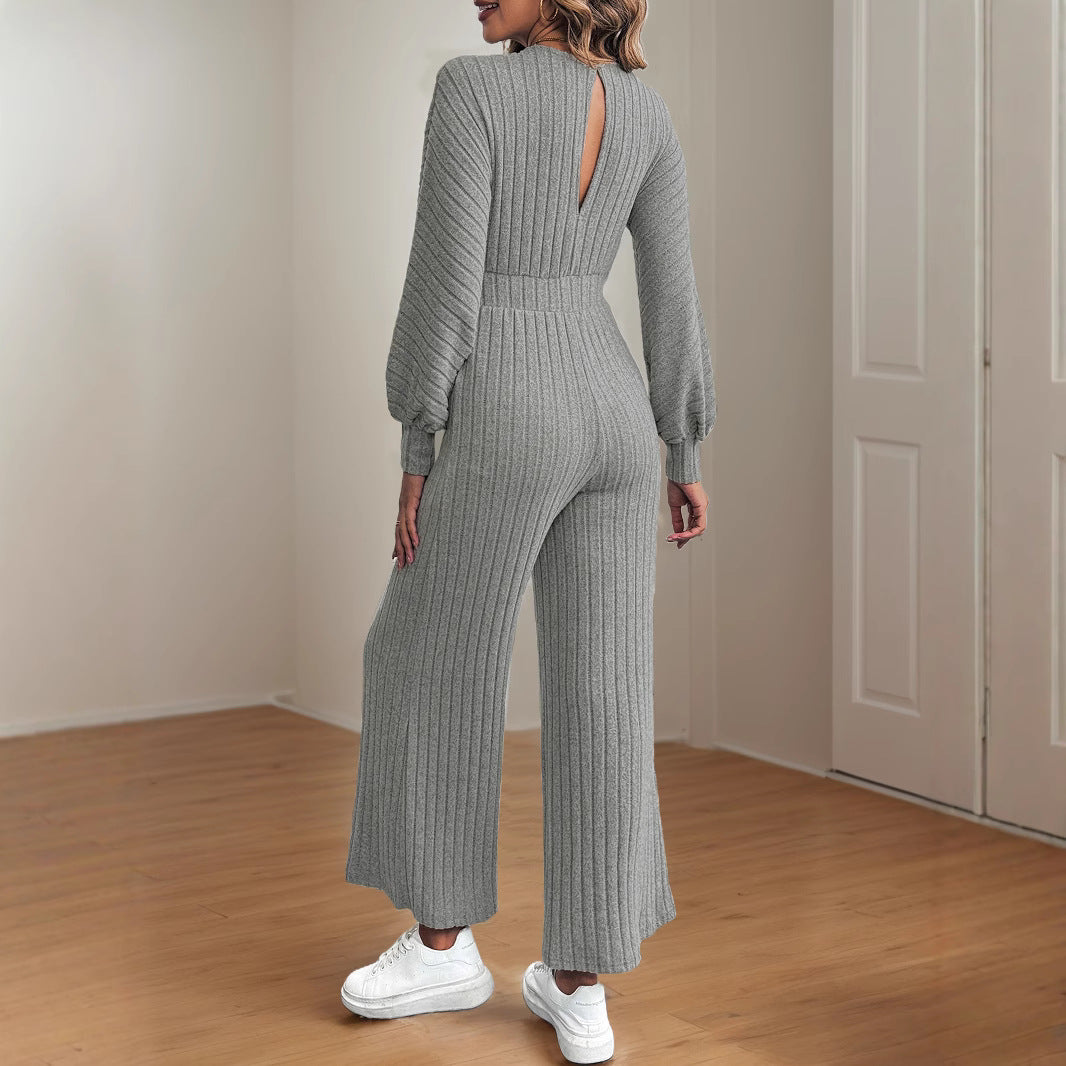 Damen legerer Strick-Jumpsuit mit weitem Bein und Taillengürtel R&B
