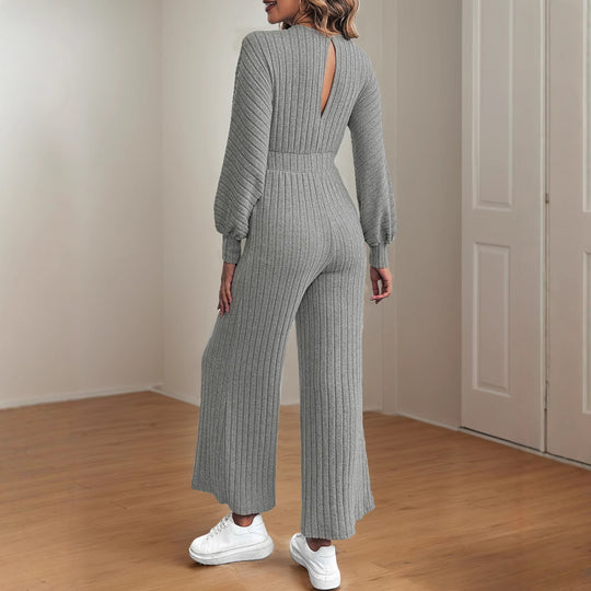 Damen legerer Strick-Jumpsuit mit weitem Bein und Taillengürtel R&B