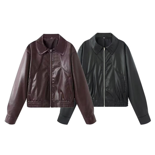 Damen Kunstleder Bikerjacke mit elastischem Bund und schlichten Taschen R&B