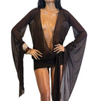 Damen Transparente Strandcover-Up mit tiefem V-Ausschnitt und eleganten Puffärmeln R&B