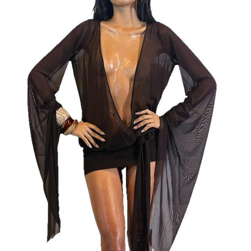 Damen Transparente Strandcover-Up mit tiefem V-Ausschnitt und eleganten Puffärmeln R&B