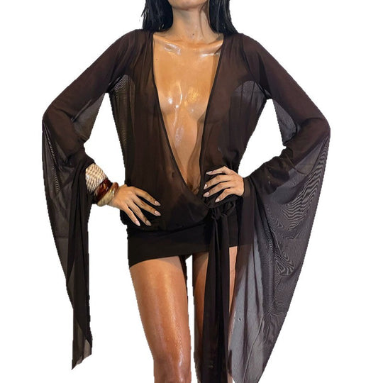 Damen Transparente Strandcover-Up mit tiefem V-Ausschnitt und eleganten Puffärmeln R&B