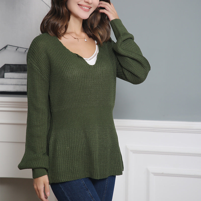 Damen Grobstrickpullover mit tiefem V-Ausschnitt und lässigem Schnitt R&B