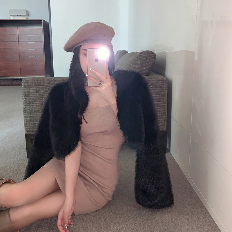Damen Flauschige Schulterjacke mit weit geschnittenen Ärmeln R&B