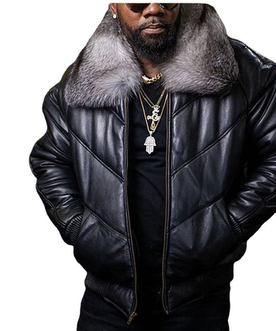 Herren Lammfell-Fliegerjacke mit luxuriösem Kunstfellkragen und modernem Schnitt R&B