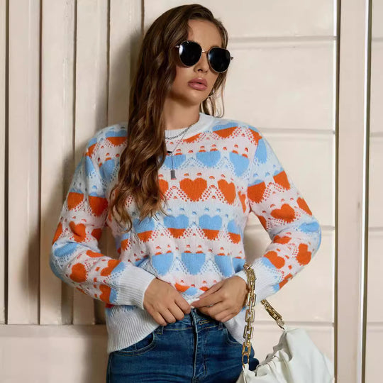 Damen Strickpullover mit Herzmuster und lockerer Passform R&B