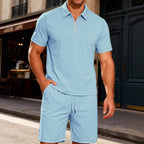 Herren nan komfortables Lounge-Zweiteiler aus strukturierter Baumwollmischung mit Halbzip-Poloshirt und Kordel-Shorts R&B