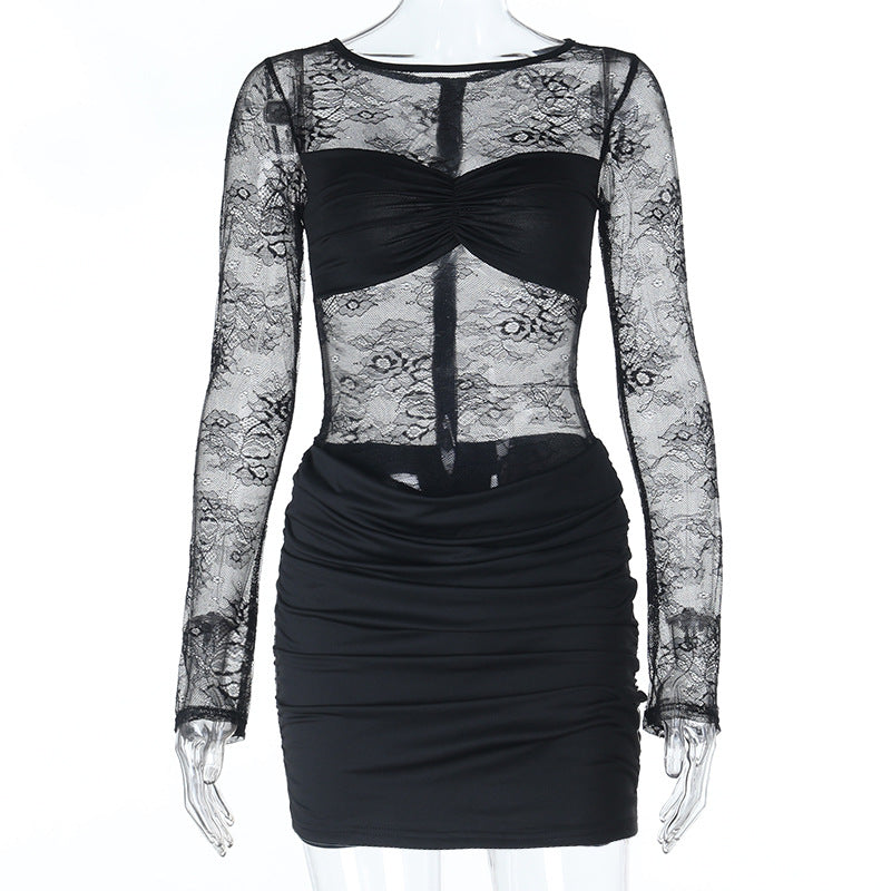 Damen Spitzenkleid mit gerafftem Rock und tiefem V-Ausschnitt R&B