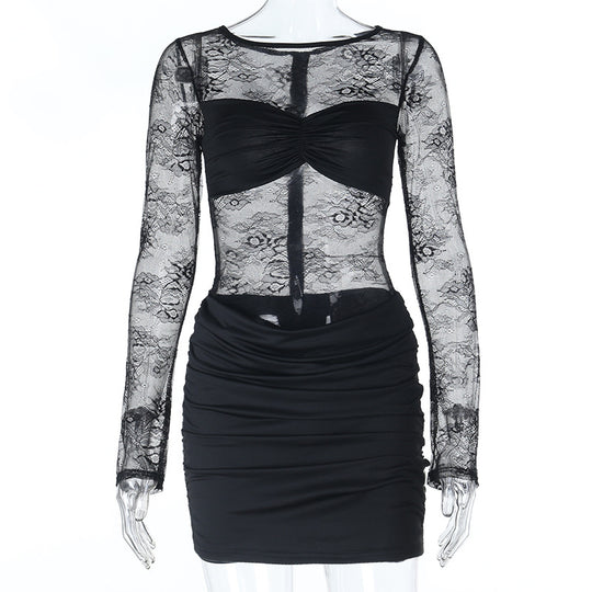 Damen Spitzenkleid mit gerafftem Rock und tiefem V-Ausschnitt R&B