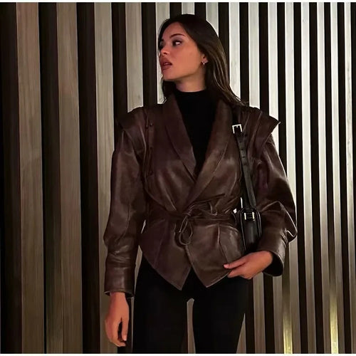 Damen modische Kunstlederjacke mit stilvollem Gürteldetail und elegantem Design R&B