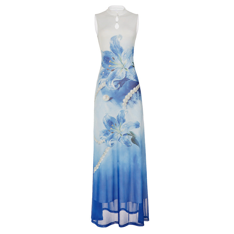 Damen Maxikleid mit floralem Design und elegantem Kragen R&B