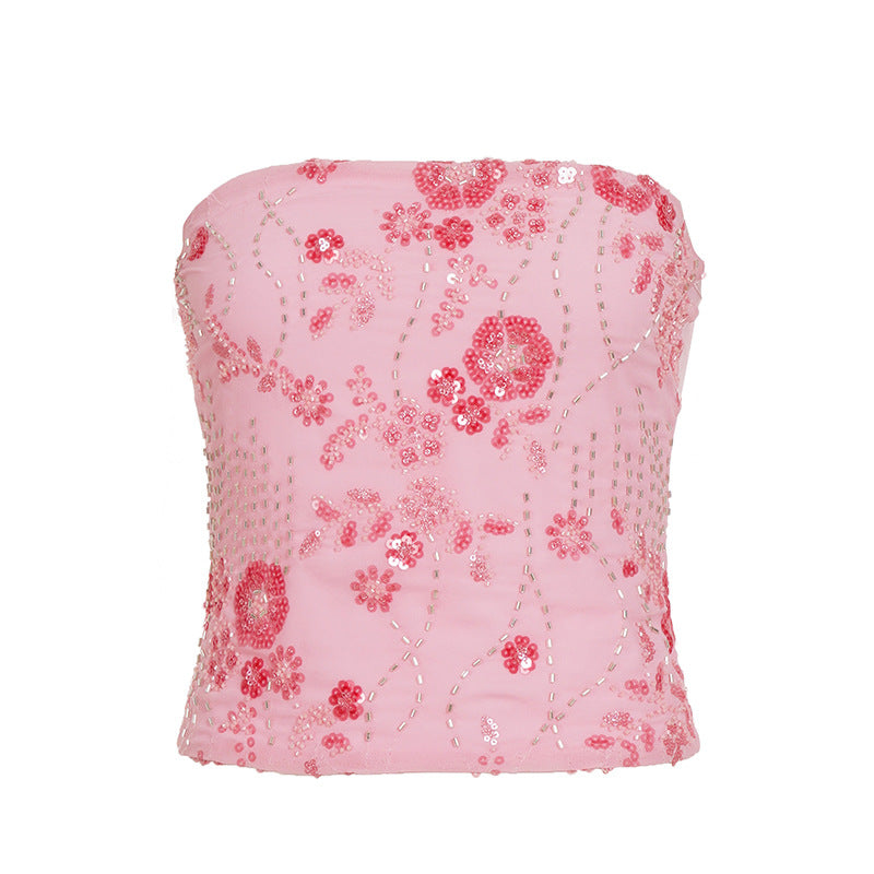 Damen eleganter Crop-Top mit Blumenstickerei und Pailletten R&B