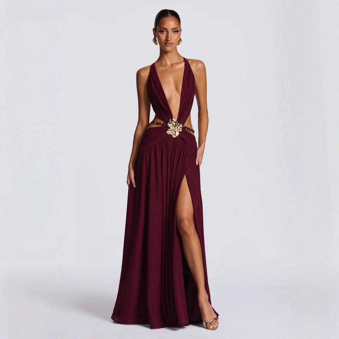 Damen Maxikleid mit tiefem V-Ausschnitt und elegantem Wickeldesign R&B