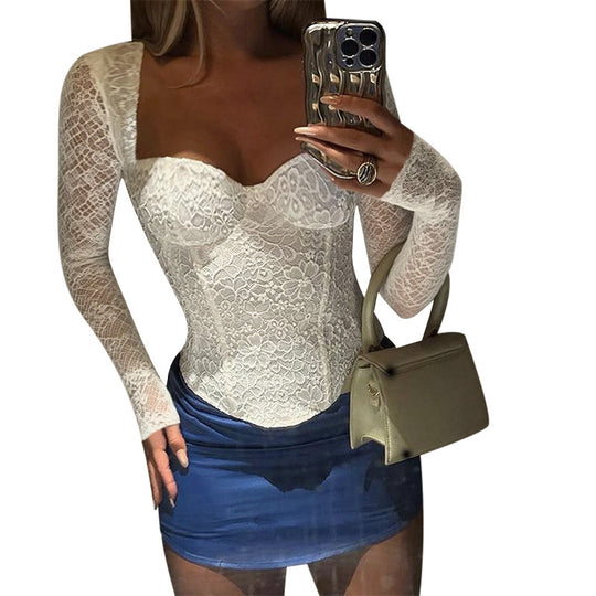 Damen elegante Spitzenbluse mit langem Arm und tailliertem Schnitt R&B