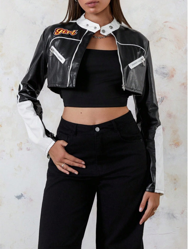 Damen modische cropped Kunstlederjacke R&B