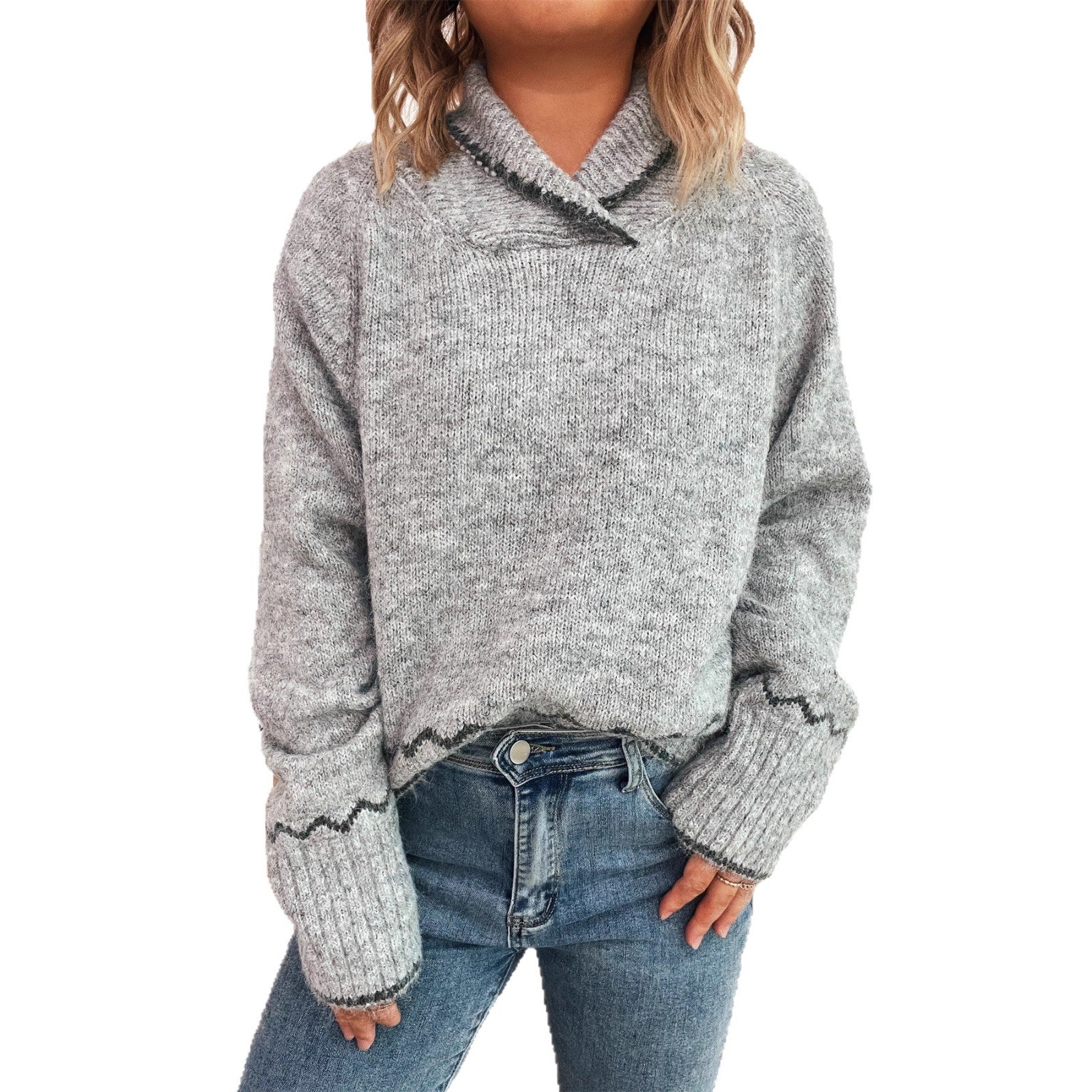 Damen lässiger Strickpullover mit modischem Kragen und fransigen Akzenten R&B