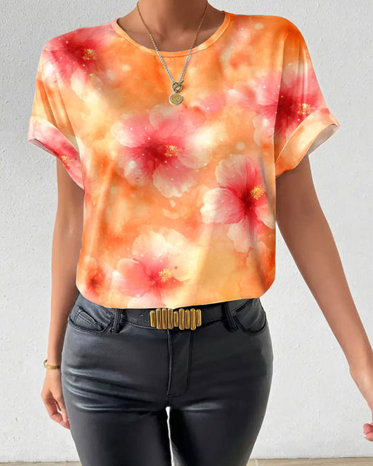 Damen nan lockeres Kurzblusen-Shirt in Seidenoptik mit Aquarellblütenprint und Umschlagärmeln R&B