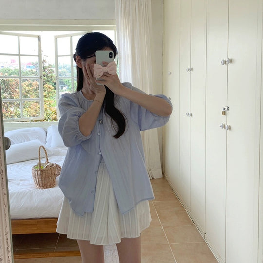 Damen Relaxed Fit Puffärmel Button-Up Bluse R&B