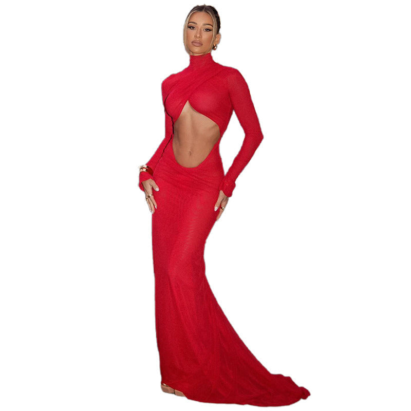 Damen figurbetontes Maxikleid mit asymmetrischem Cut-Out und hochgeschlossenem Kragen R&B