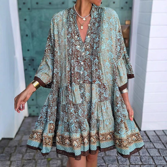 Damen nan luftiges Boho-Stufenkleid mit V-Ausschnitt weiten Fledermausärmeln und Spitzenbordüre R&B
