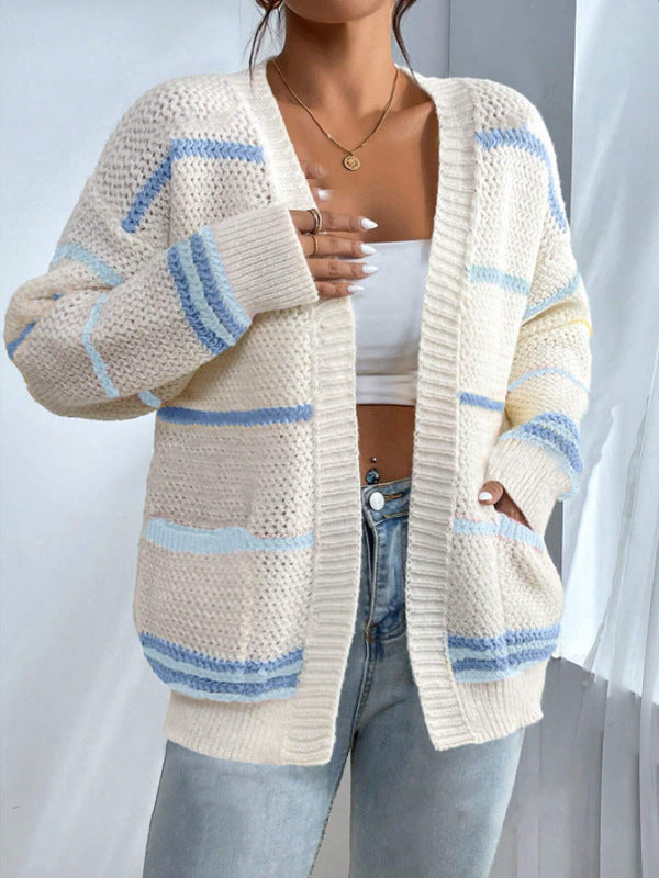 Damen gemütlicher Strickcardigan mit bunten Streifen R&B