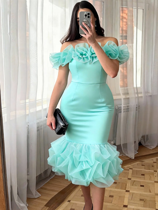 Damen Figurbetontes Kleid mit Rüschenärmel und voluminösem Saum R&B
