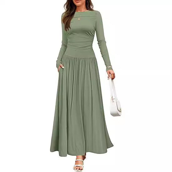 Damen Langärmliges Maxikleid mit eleganten Rüschendetails und praktischen Taschen R&B