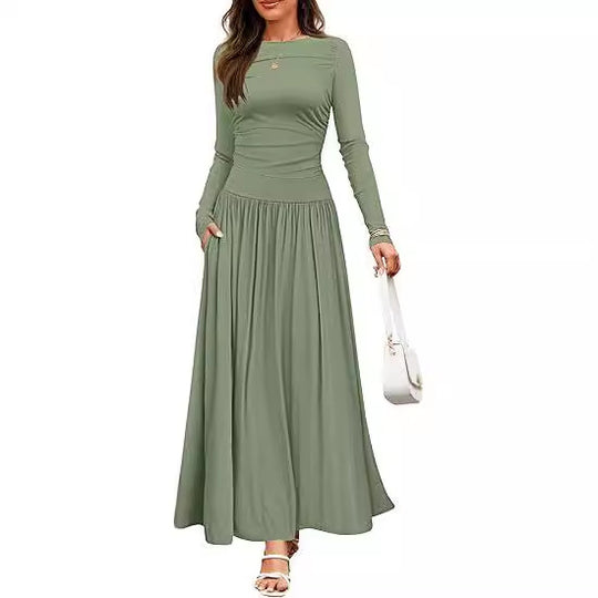 Damen Langärmliges Maxikleid mit eleganten Rüschendetails und praktischen Taschen R&B