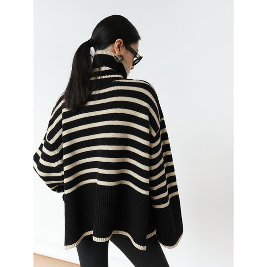 Damen Lässiger Strickpullover mit Blockstreifen und hohem Kragen R&B