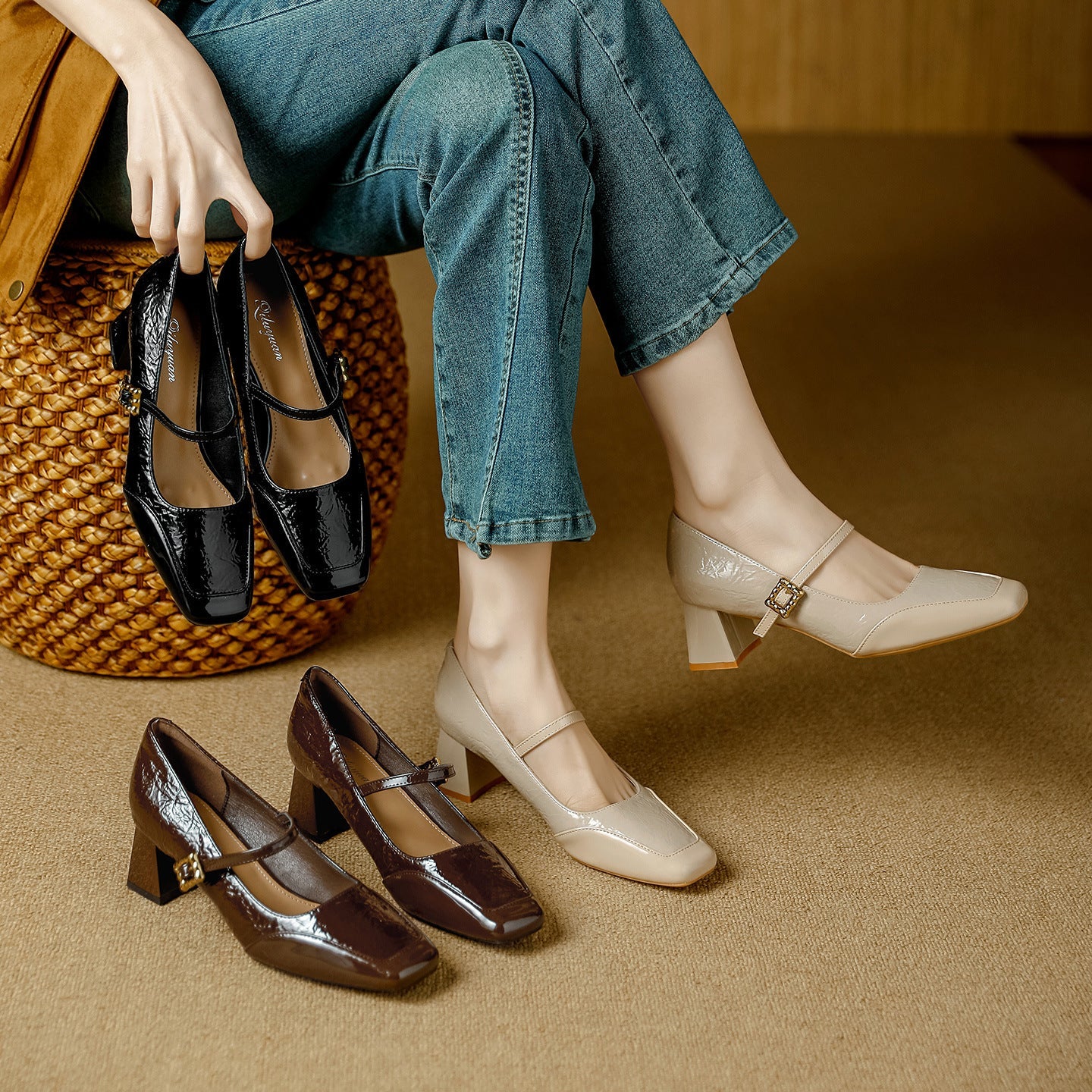 Damen elegante Mary Jane Pumps mit quadratischer Schuhspitze und modischem Riemen