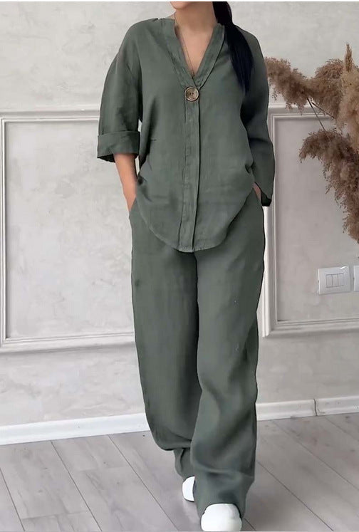 Damen nan lässiges Leinen-Relax-Set mit weiter Hose und Hemdbluse R&B