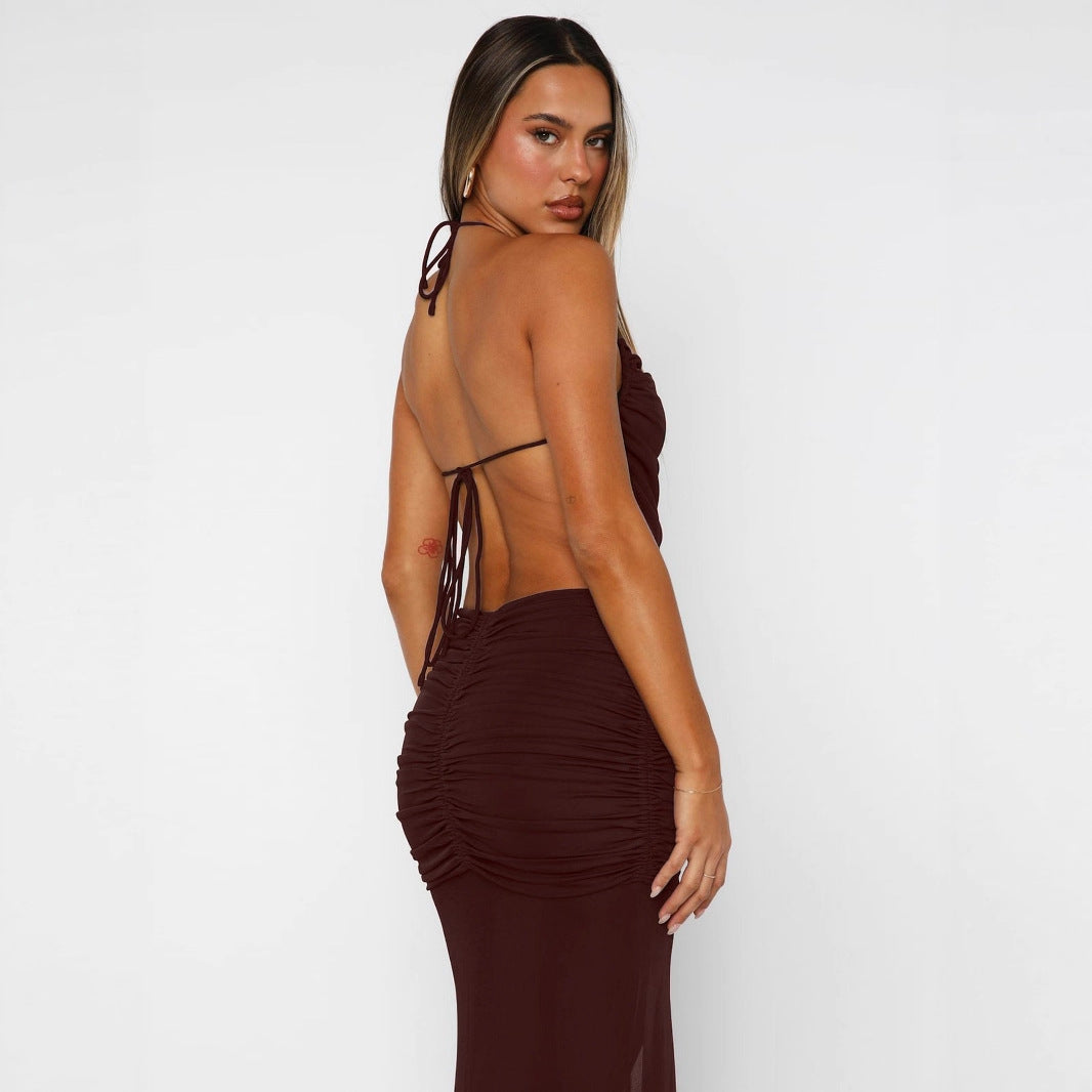Damen Elegantes Maxikleid mit asymmetrischem Halterhals und ausgefallenem Schlitz R&B