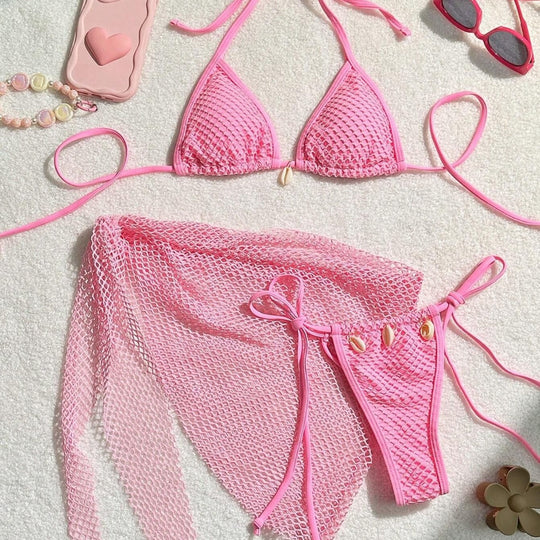 Damen Triangel-Bikini mit transparentem Netzgewebe und Schnürdetails R&B