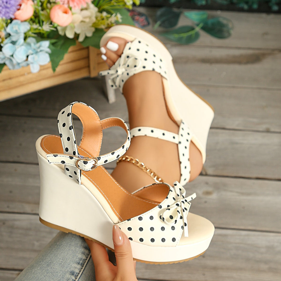 Damen Wedge-Sandalen mit verspieltem Punktmuster und süßer Schleifenverzierung R&B