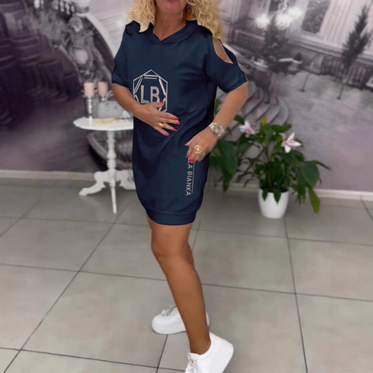 Damen nan sportliches Kapuzen-Tunika-Kleid mit Schulterauschnitten und Logoprint R&B