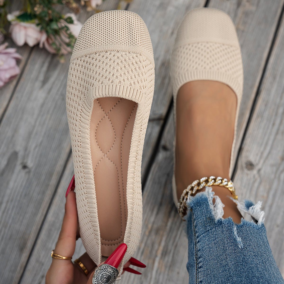 Damen atmungsaktive Slip-On Ballerinas mit flexiblem Netzdesign R&B