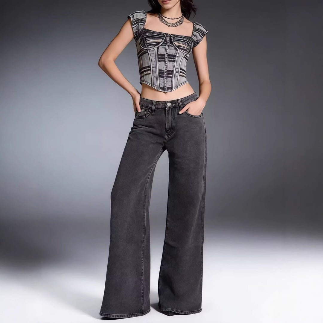 Damen weite Denim-Hose mit Vintage-Waschung und hoch geschnittenem Bund R&B