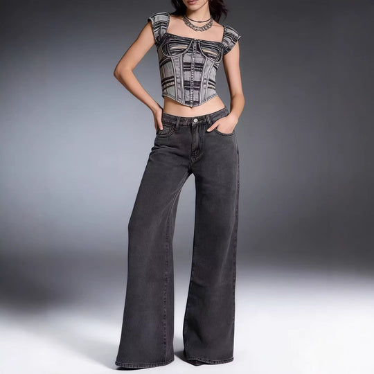 Damen weite Denim-Hose mit Vintage-Waschung und hoch geschnittenem Bund R&B