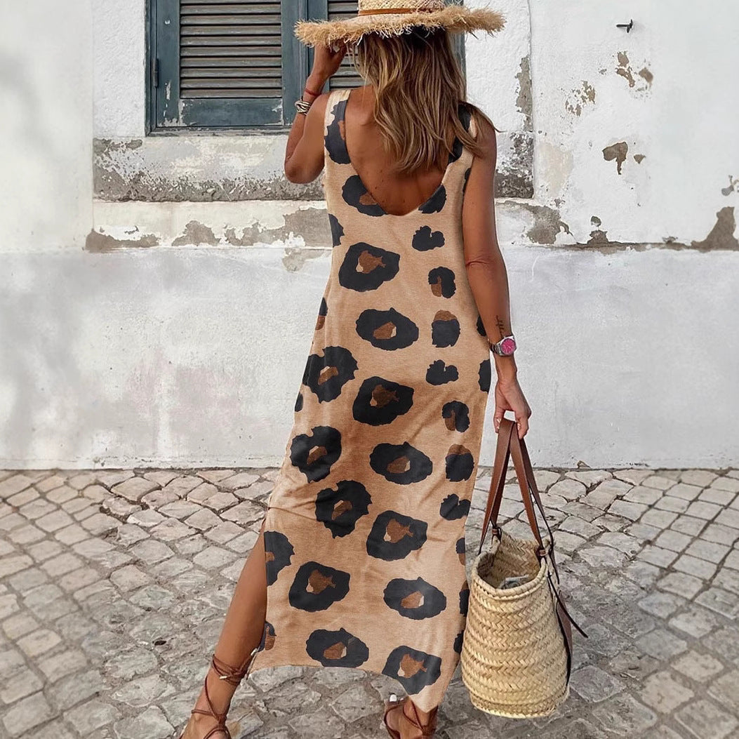 Damen Maxikleid mit modernem Leopardenmuster und ärmellosem Design R&B