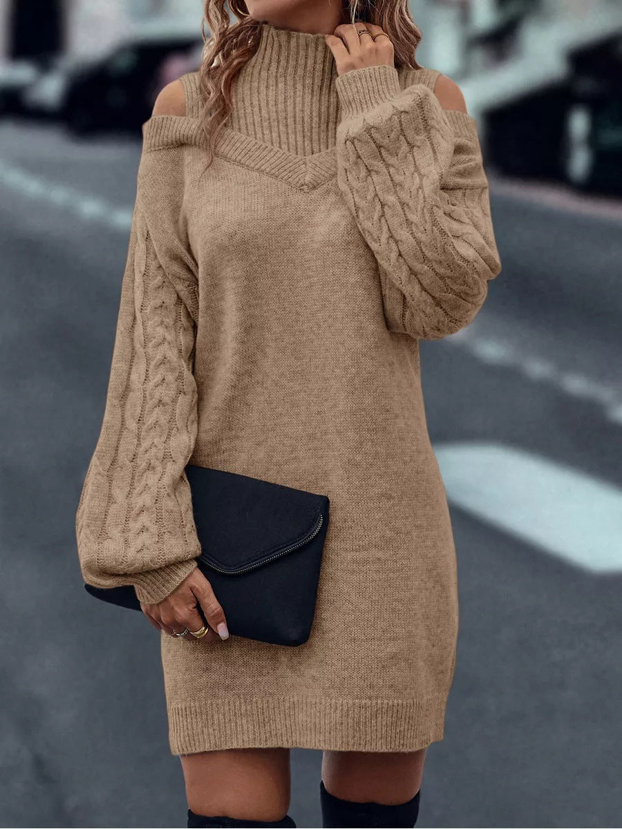 Damen Strickkleid mit geöffneten Schultern und strukturiertem Stehkragen R&B