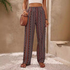 Damen weite Palazzo-Hose mit buntem Ethno-Design und elastischem Bund R&B