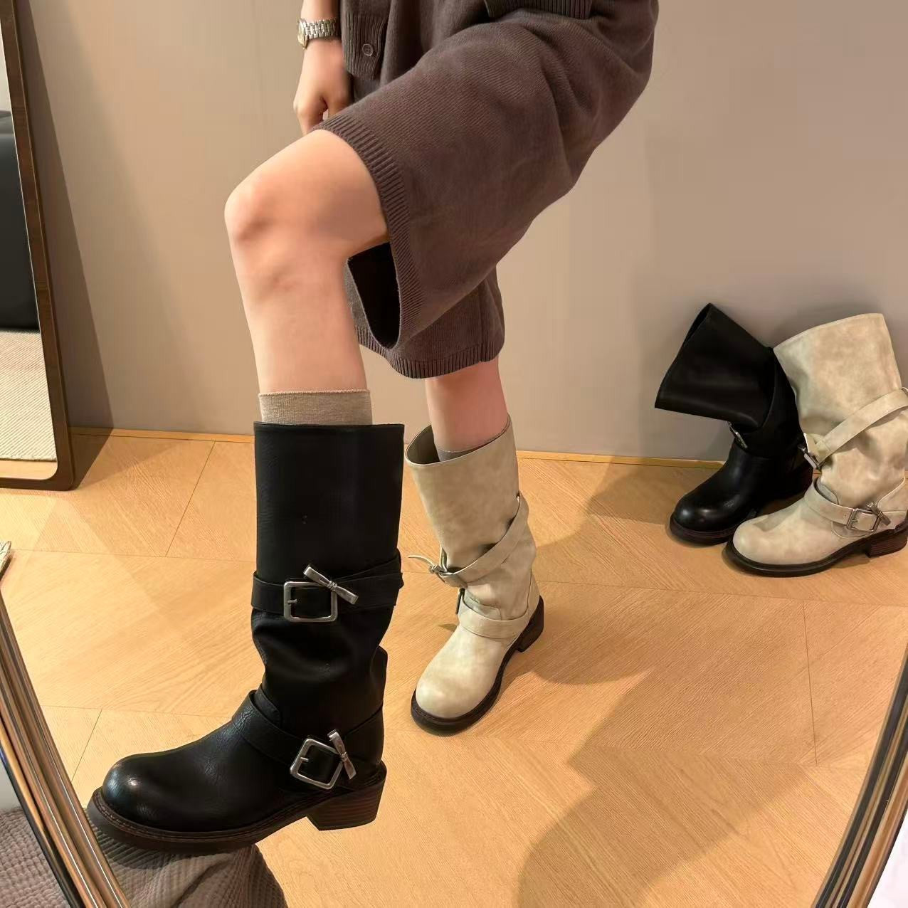 Damen modische Stiefel mit verstellbaren Riemen und komfortablem Blockabsatz R&B