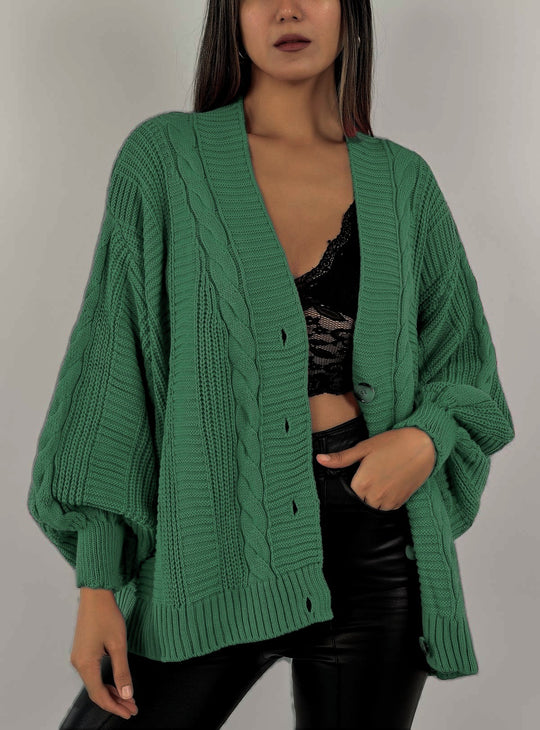 Damen Grobstrickjacke mit eleganter Knopfleiste und voluminösen Puffärmeln R&B