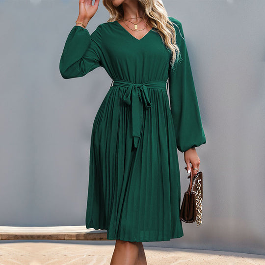 Damen Plissiertes Wickelkleid mit Taillengürtel und langen Ärmeln R&B