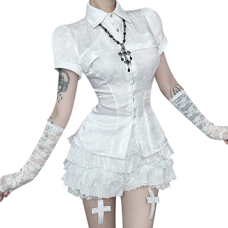 Damen Korsettbluse mit Rüschenschnitt und hochgeschlossenem Design EB