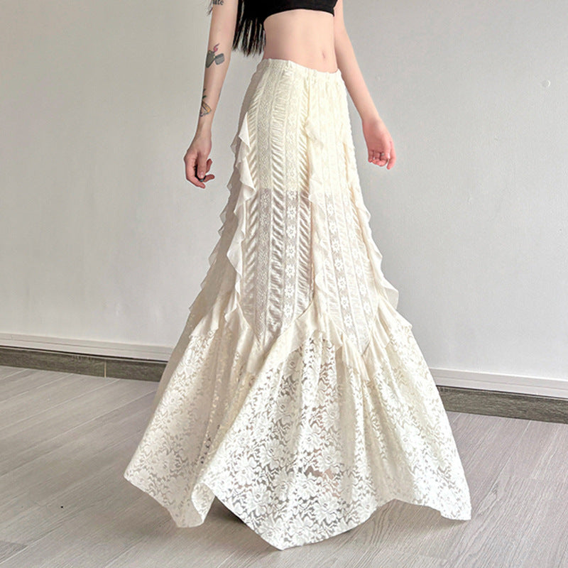 Damen eleganter Maxirock mit raffinierten Rüschen und Spitzenakzenten R&B