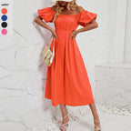 Damen Off-Shoulder Maxikleid mit voluminösen Puffärmeln und seitlichen Taschen R&B